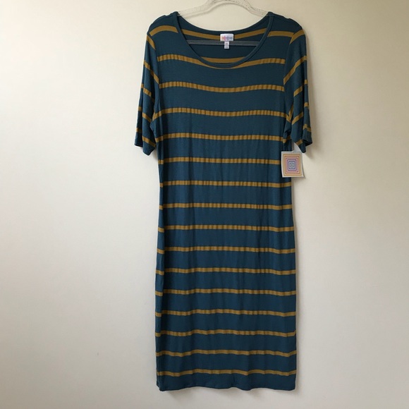 LuLaRoe Dresses & Skirts - LuLaRoe Blue and Gold Striped Julia Dress - 2XL